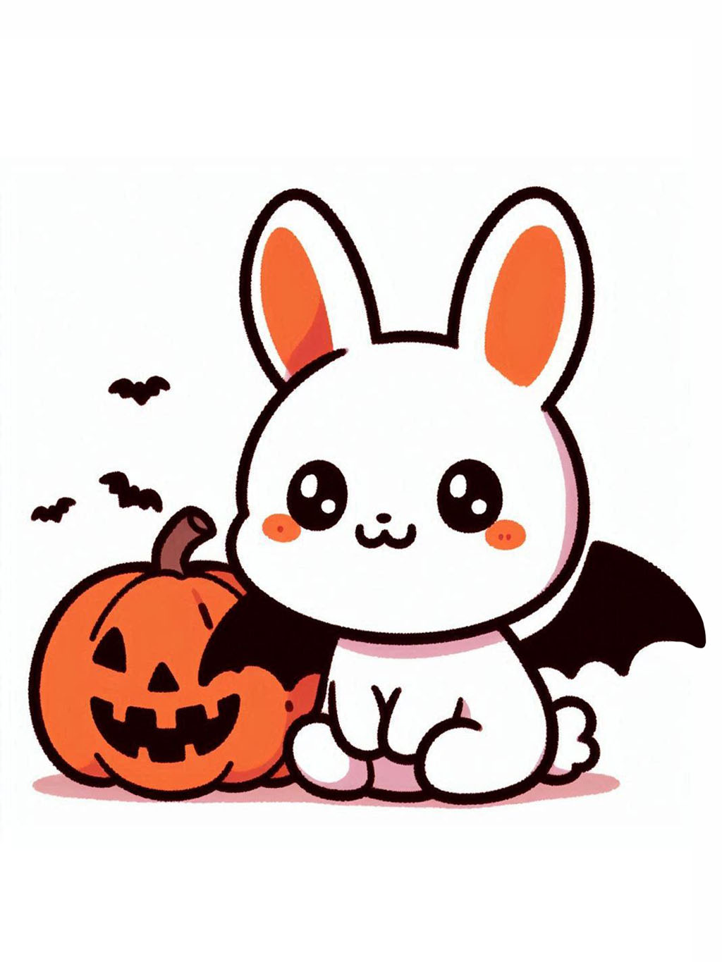 halloween cute animals drawings. A whimsical and adorable drawing of a bunny with bat wings sitting next to a carved pumpkin on Halloween.